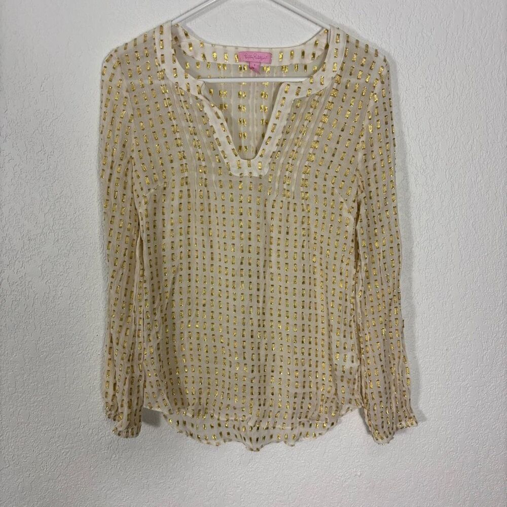 Lilly Pulitzer White with Gold Shimmer Striped Long Sleeve Blouse Top Size Small